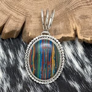 2000s RUNNING BEAR SHOP Navajo Made Sterling Silver & Rainbow Calsilica Pendant